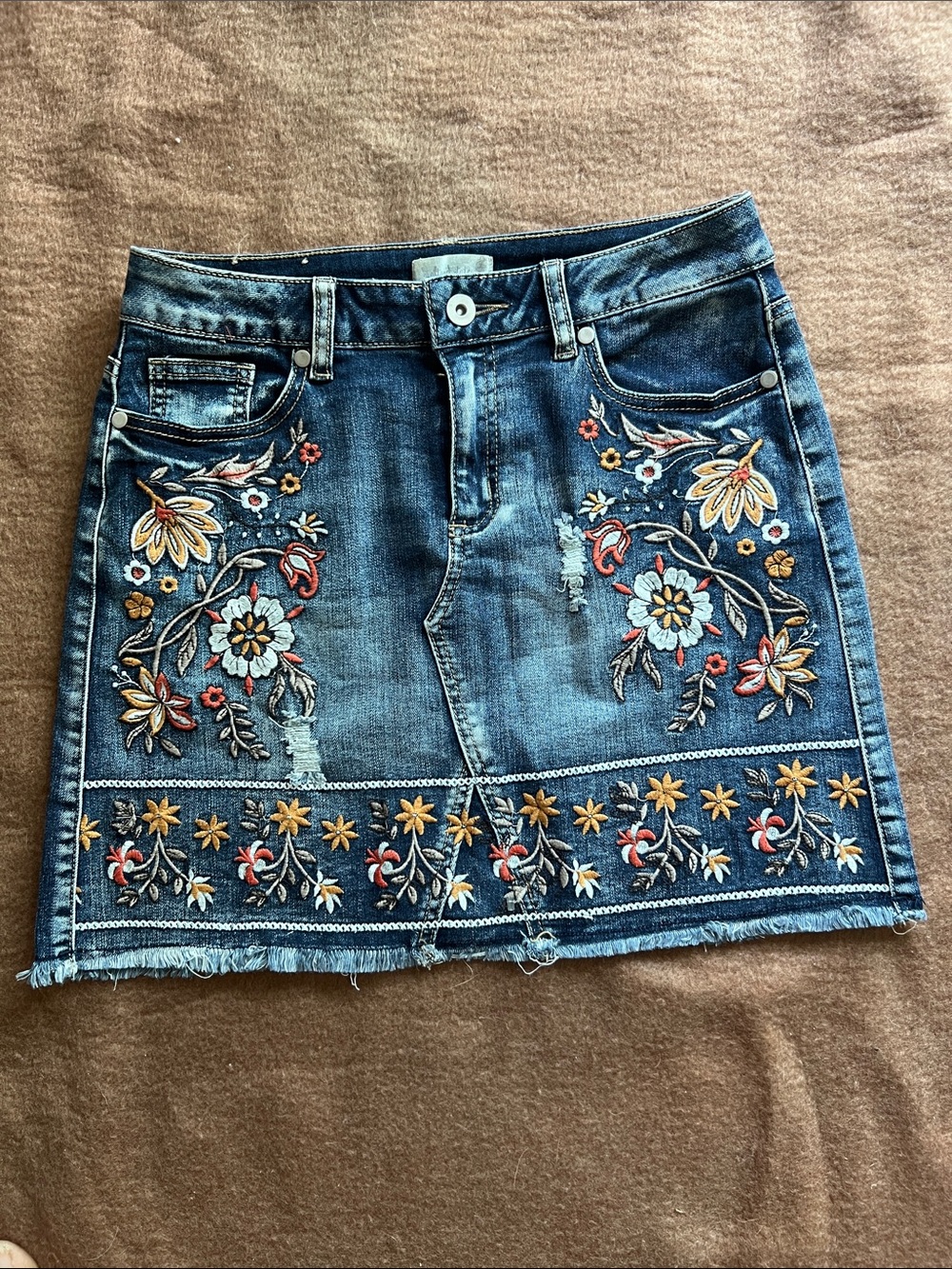 Altar'd State Blue Denim Mini Skirt with Multicolor Floral Embroidery